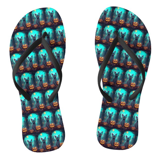 Halloween Russian Blue Cat mit Pumpkins Beängstige Flip Flops (Fußbett)