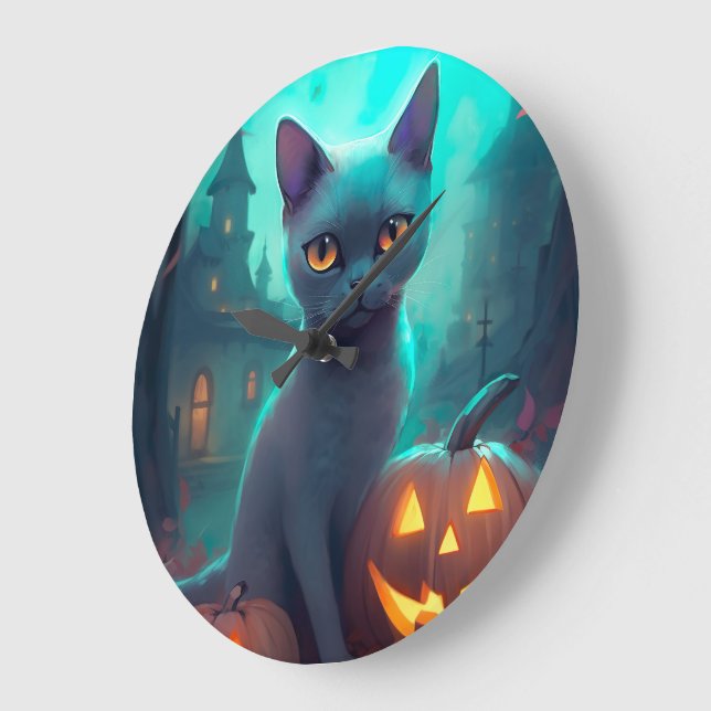 Halloween Russian Blue Cat mit Pumpkins Beängstige Große Wanduhr (Winkel)