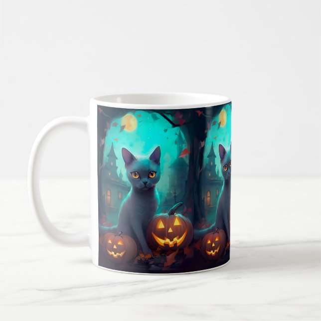 Halloween Russian Blue Cat mit Pumpkins Beängstige Kaffeetasse (Links)