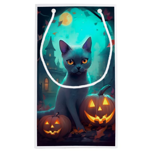 Halloween Russian Blue Cat mit Pumpkins Beängstige Kleine Geschenktüte (Rückseite)