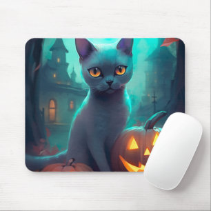 Halloween Russian Blue Cat mit Pumpkins Beängstige Mousepad