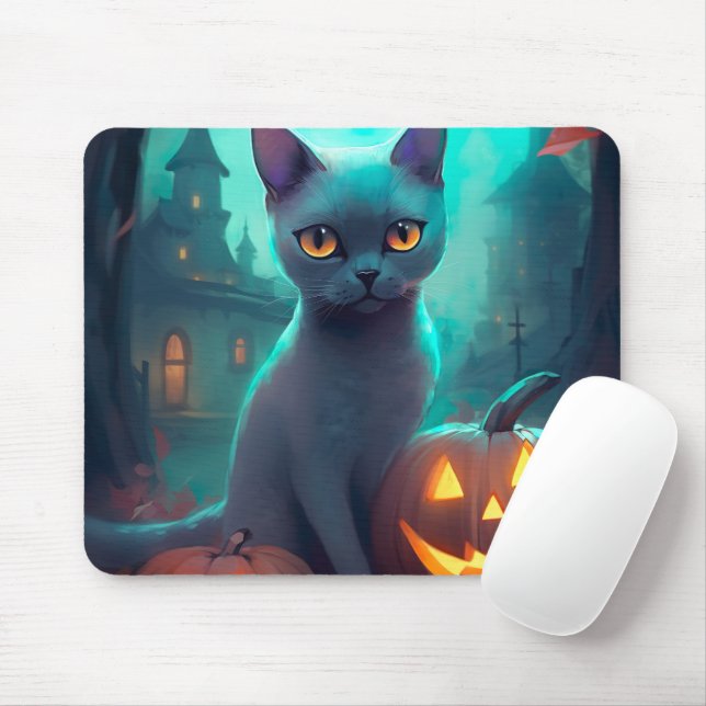 Halloween Russian Blue Cat mit Pumpkins Beängstige Mousepad (Mit Mouse)