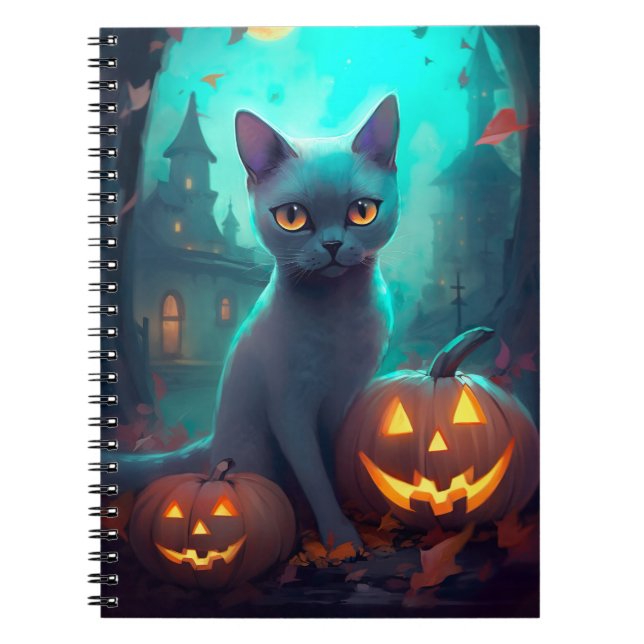 Halloween Russian Blue Cat mit Pumpkins Beängstige Notizblock (Vorderseite)
