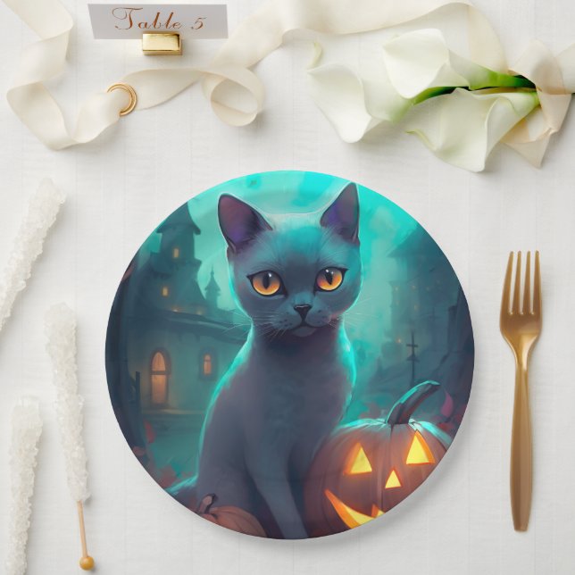 Halloween Russian Blue Cat mit Pumpkins Beängstige Pappteller (Hochzeit)