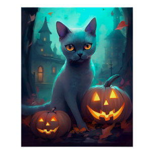 Halloween Russian Blue Cat mit Pumpkins Beängstige Poster
