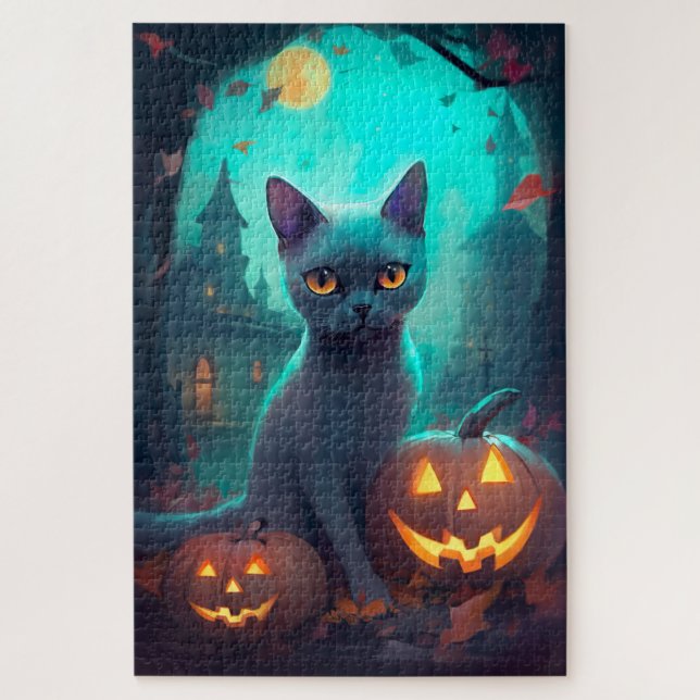 Halloween Russian Blue Cat mit Pumpkins Beängstige Puzzle (Vertikal)