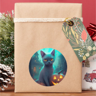 Halloween Russian Blue Cat mit Pumpkins Beängstige Runder Aufkleber