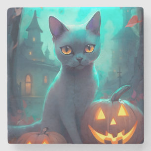 Halloween Russian Blue Cat mit Pumpkins Beängstige Steinuntersetzer