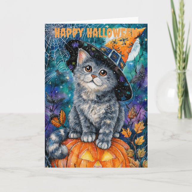 Halloween Russische Blaue Katze Feiertagskarte (Vorderseite)