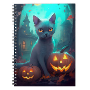 Halloween Russische Blaue Katze mit Kürbissen Grus Notizblock