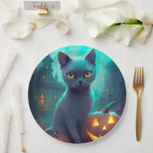 Halloween Russische Blaue Katze mit Kürbissen Grus Pappteller