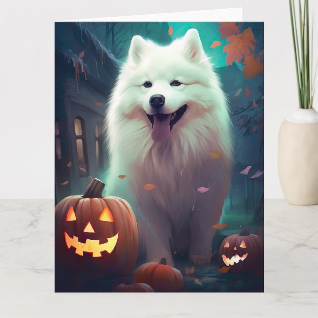 Halloween Samoyed with Pumpkins Beängstigend Karte (Vorderseite)