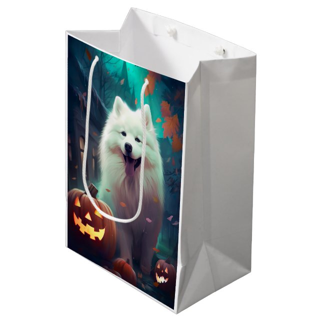 Halloween Samoyed with Pumpkins Beängstigend Mittlere Geschenktüte (Vorderseite Schrägansicht)