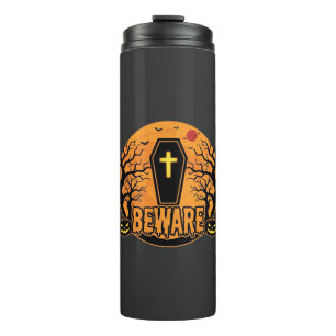Halloween Sarg Vorsicht Kürbis Horror Design_1 Thermosbecher