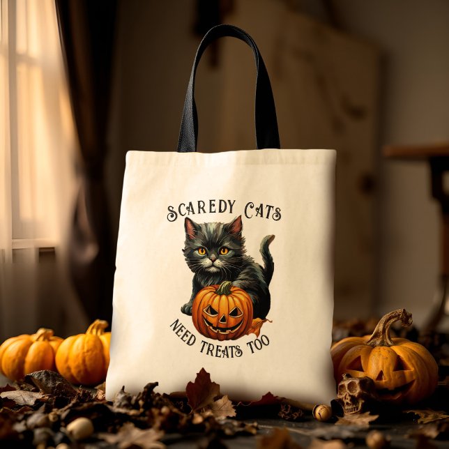 Halloween Scaredy Cat Vintage Black Kitten Treat Tragetasche (Scaredy cat Halloween tote with pumpkin: A sweet treat sack for little tricksters!)