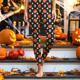 Halloween-Schädel, Kürbisse und Blumen Schwarz Leggings