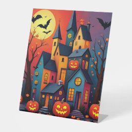 Halloween-Schloss und Kürbis Sockelschild