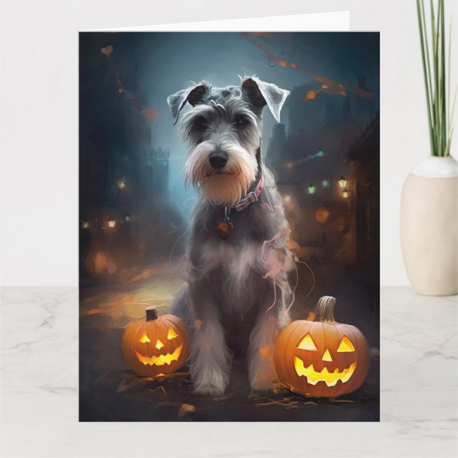 Halloween Schnauzer mit Pumpkins Beängstigend Karte (Vorderseite)