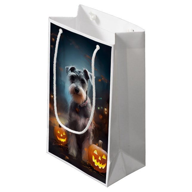 Halloween Schnauzer mit Pumpkins Beängstigend Kleine Geschenktüte (Vorderseite Schrägansicht)