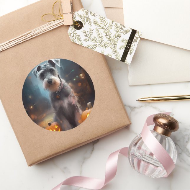 Halloween Schnauzer mit Pumpkins Beängstigend Runder Aufkleber (Schenken)