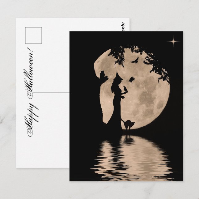 Halloween Schöne Hexe mit Familie Postkarte (Vorne/Hinten)