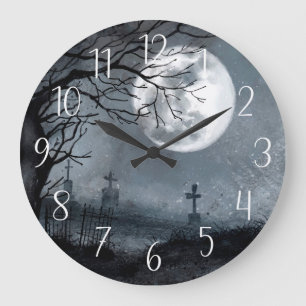 Halloween-Schreckensnacht, Mond, Friedhofsszene Große Wanduhr