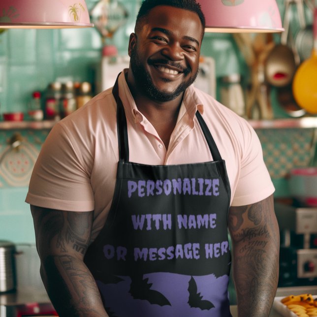 Halloween-Schürze für Lila und Schwarzes Bat Schürze (Customize this spooky purple bat Halloween apron with your own clever message!)