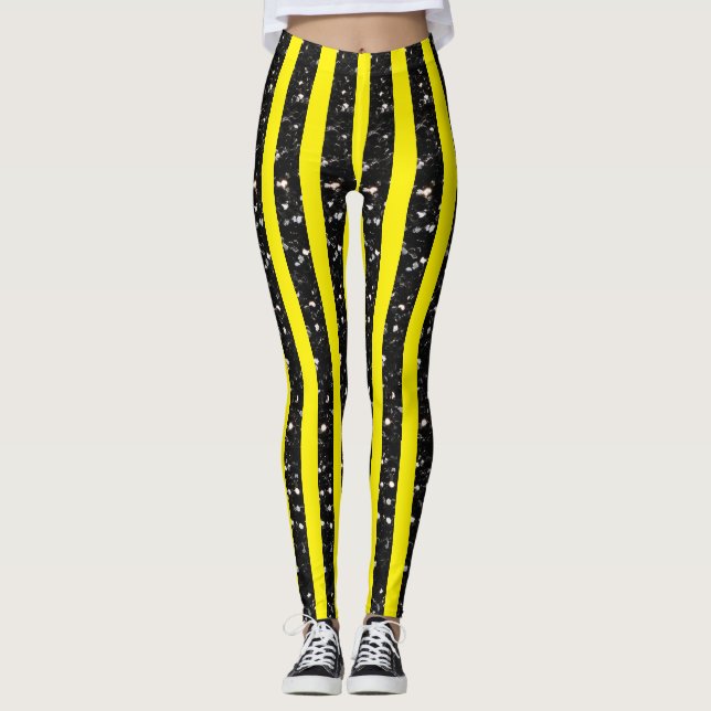 Halloween-Schwarz-Glitzern-Streifen in Gelb Leggings (Vorderseite)