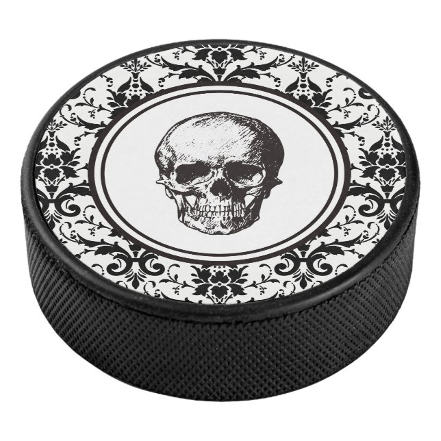 HALLOWEEN Schwarz Gothic Damask Muster Skull Eishockey Puck (3/4)