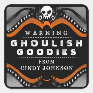 Halloween Schwarz-Orange-Leckerei-Warnschild Quadratischer Aufkleber