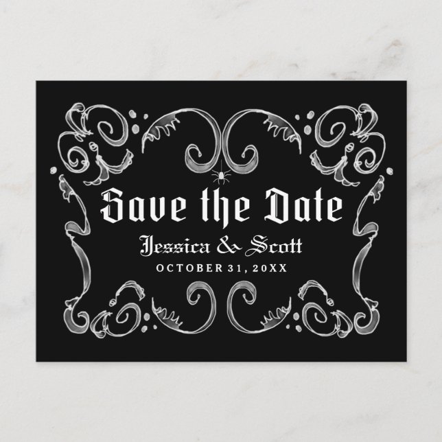 Halloween Schwarz-weiß Gothic Scroll Save the Date Ankündigungspostkarte (Vorderseite)