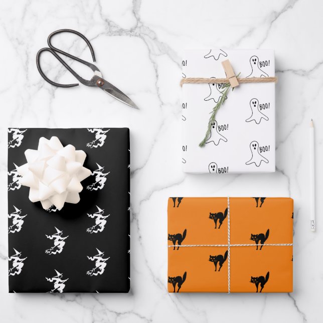 Halloween Schwarz-Weiß-Katze-Geist Geschenkpapier Set (Vorderseite)