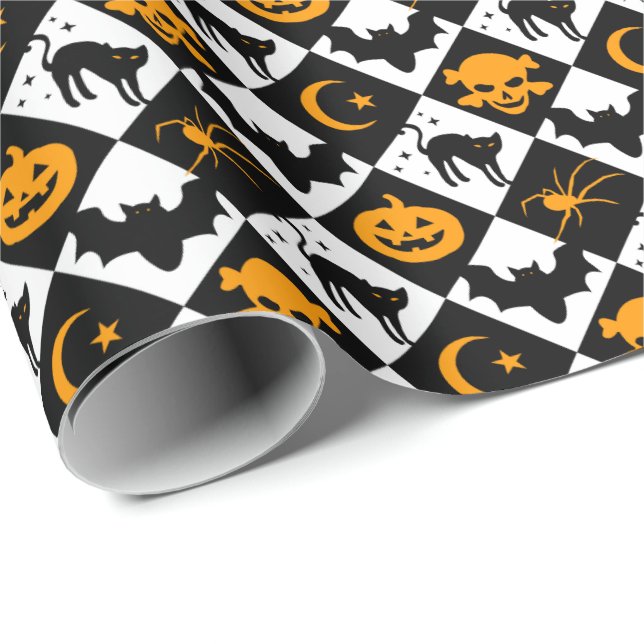 Halloween Schwarz-weiß Orange Harlequin Pattern Geschenkpapier (Rolleneckpunkt)