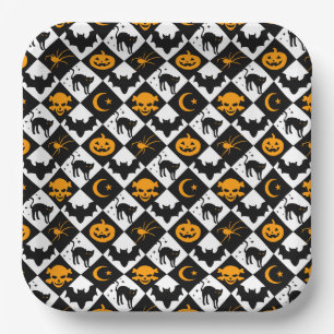 Halloween Schwarz-weiß Orange Harlequin Pattern Pappteller