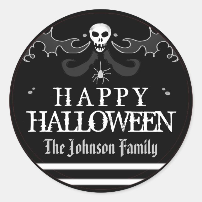 Halloween Schwarz-weiß Skull Label Happy Halloween Runder Aufkleber (Vorderseite)