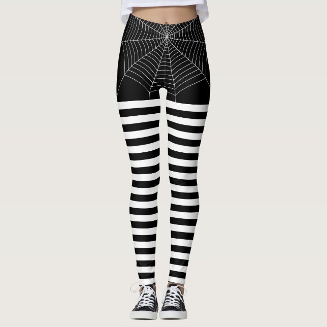 Halloween Schwarz-weiße Spinnennetzmuster Leggings (Vorderseite)