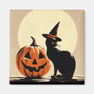 Halloween schwarze Hexenkatze und Kürbis Magnet