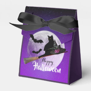 Halloween schwarze Katze auf Besen Vollmond Geschenkschachtel