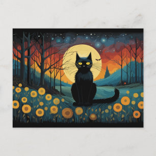 Halloween Schwarze Katze auf der Wiese Vollmond Postkarte