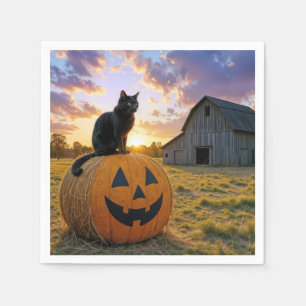 Halloween-Schwarze Katze auf Kürbis-Heuballen Serviette