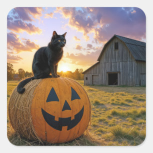Halloween-Schwarze Katze auf Kürbis-Strohballen Quadratischer Aufkleber