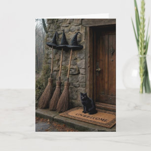 Halloween-Schwarze Katze auf unerwünschter Fußmatt Karte