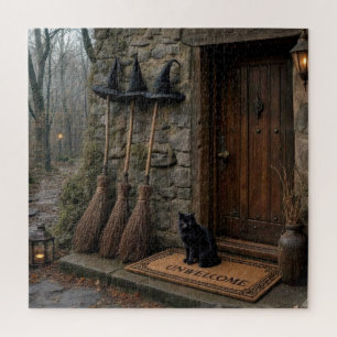 Halloween-Schwarze Katze auf unerwünschter Fußmatt Puzzle