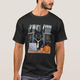 Halloween-Schwarze-Katze-Büroschreibtisch-Kürbis T-Shirt