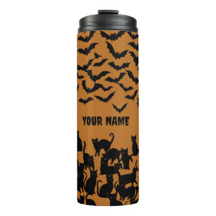 Halloween schwarze Katze Fledermaus Orange Grusel Thermosbecher