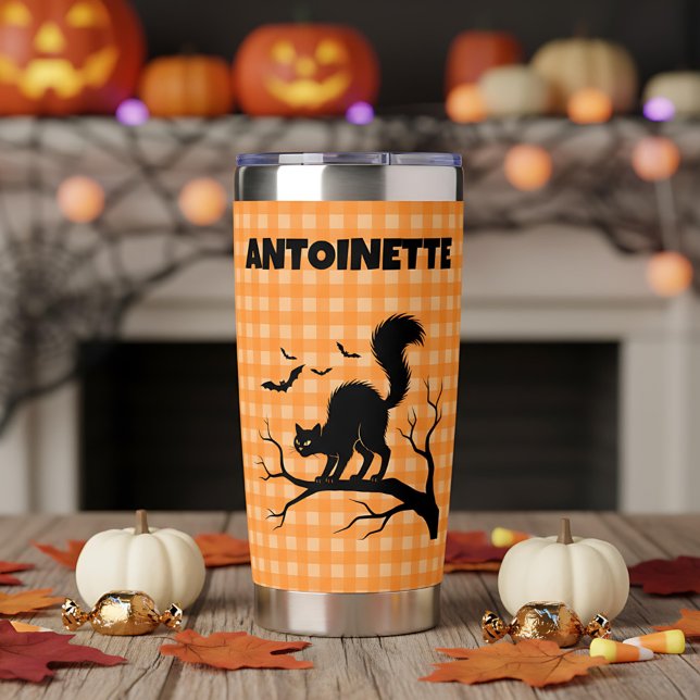 Halloween schwarze Katze & Fledermäuse orange Karo Thermobecher (Von Creator hochgeladen)