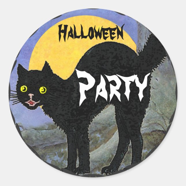 HALLOWEEN Schwarze Katze Gedruckter Gelber Vollmon Runder Aufkleber (Vorderseite)
