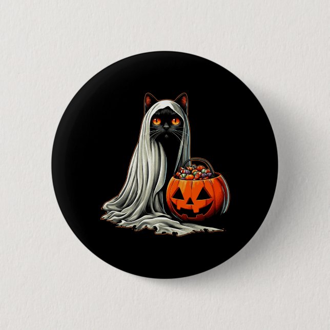 Halloween-Schwarze-Katze-Geist-Kostüm-Kürbis 1 Button (Vorderseite)