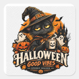 Halloween schwarze Katze Hexe gute Vibes spooky Sa Quadratischer Aufkleber
