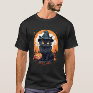 Halloween schwarze Katze Hexe Kürbis Gruselig Spuk T-Shirt